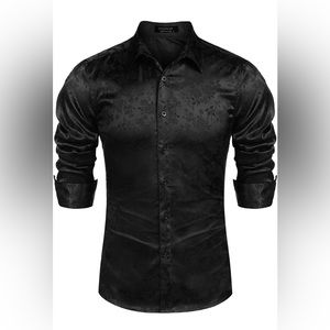 Floral Rose Men's Dress Shirts Prom Wedding Party Button Down Black Shirt